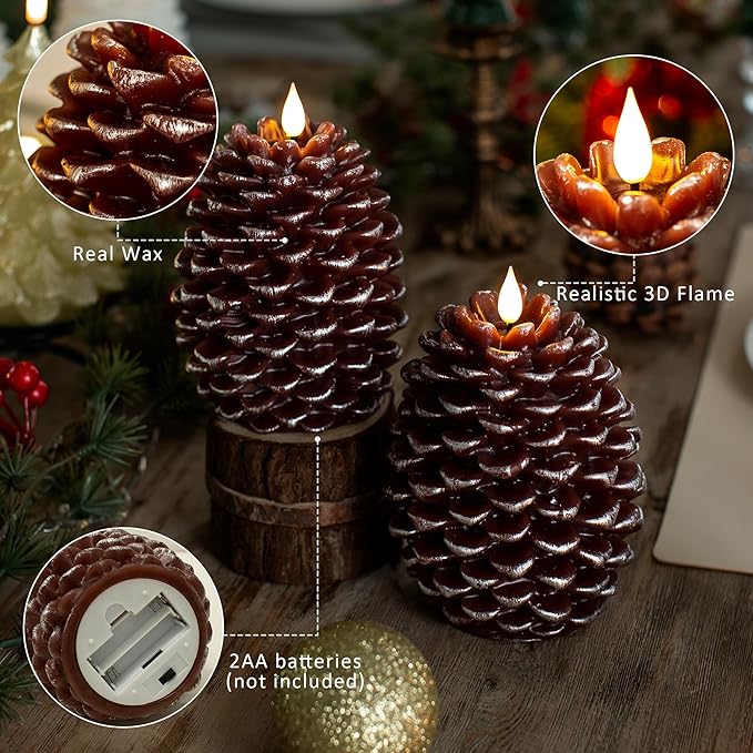 Pinecone Flameless Candles with Remote Timer, 2 Pack Real Wax Battery Operated LED Candles for Christmas Decorations, Rustic Holiday Table Centerpieces, Winter Home Décor Brown