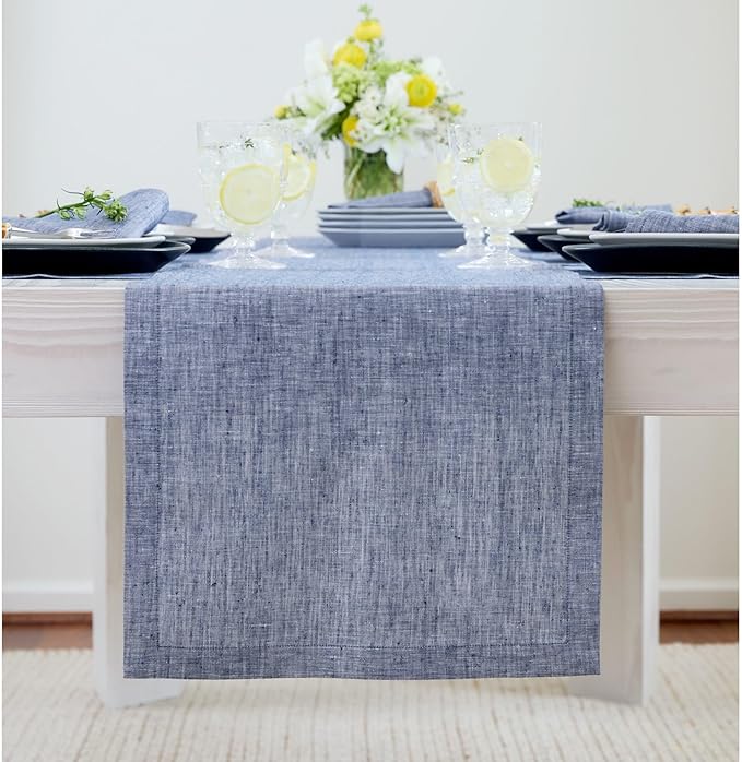 Solino Home Linen Chambray Indigo Table Runner 120 Inches Long - Athena, 100% Pure Linen 14 x 120 Inch Table Runner for Winter, Spring, Easter
