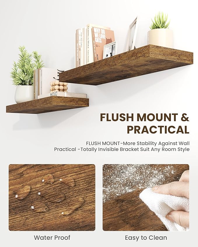 Marsmiles 40" Floating Shelves for Wall, Wooden Shelves with Invisible Brackets Set of 2, Rustic Farmhouse Wall Mounted Shelf for Kitchen Bathroom Living Room Study, Rustic Brown