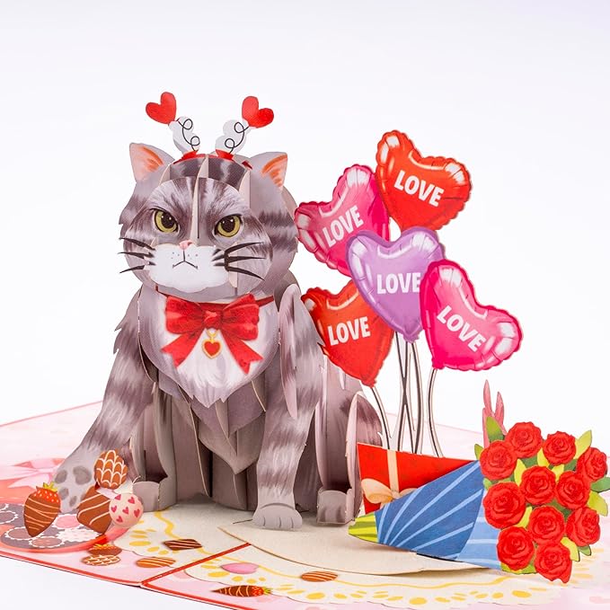 Funny Cat - Love Pop Up Card, Happy Valentine's Day, Hearts, Roses, Love Anniversary 3D Popup Greeting Cards, Gifts for Wife, Husband, Lovers, Kids, 5x7 - Includes Envelope And Message Note