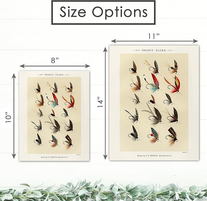 DREAM BIG PRINTABLES Vintage Fly Fishing Decor (Set of 4) - Unframed - 8x10 | Great Gift for Fisherman - Reproductions of Vintage Fishing Lure Art Prints - Rustic Decor