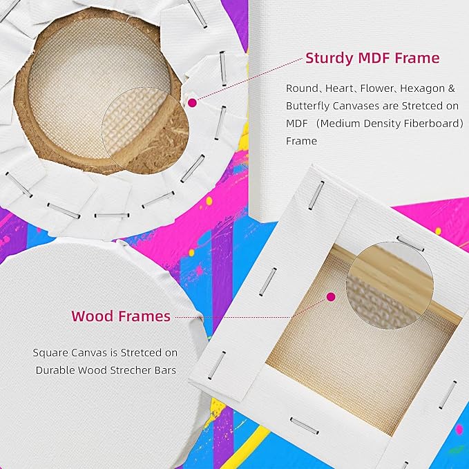 24 Packs 20cm Stretched Canvases for Painting, Various Shapes Square, Plum Blossom, Heart Shape, Circular, Butterfly, Hexagonal, Primed Blank Canvas for Oil, Acrylic Paint & Other Painting Media