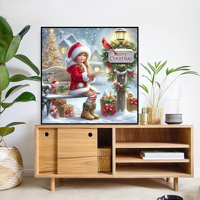 mrpwnle Christmas Diamond Art Kits for Adults, Christmas Diamond Painting for Kits Adults Beginners, 5D Round Full Drill Winter Gem Art Painting Kit, Home Wall Decor Gifts 13.8x13.8inch