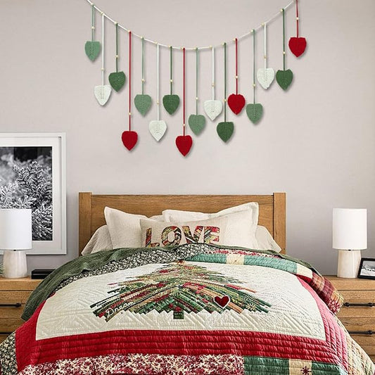 LB Christmas Macrame Wall Hanging Large, Red Feather with Wood Beads Boho Woven Tapestry Wall Hanging Macrame Wall Decor Handmade Red and Green Wall Art for Living Room Bedroom Nursery, 47x30 Inch