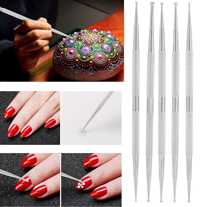 Polish Dotting Tool, 5Pcs Nail Dotting Tools for Nail Art, Stainless Steel Double Ended Nail Embossing Tool Set for Precision Designs, DIY Decoration, Double Headed