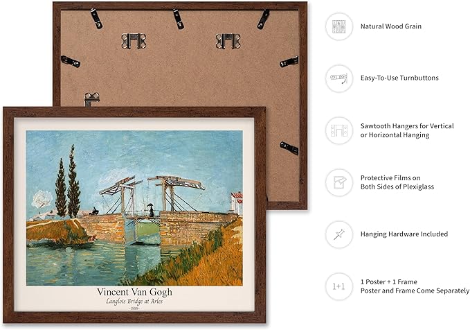 Monem Art Vintage Van Gogh Poster - Retro Langlois Bridge at Arles Print - Impressionism Art - Landscape Art - Fine Art - Classic Painting Art - Bedroom or Office Decor - 8x10 Brown Framed