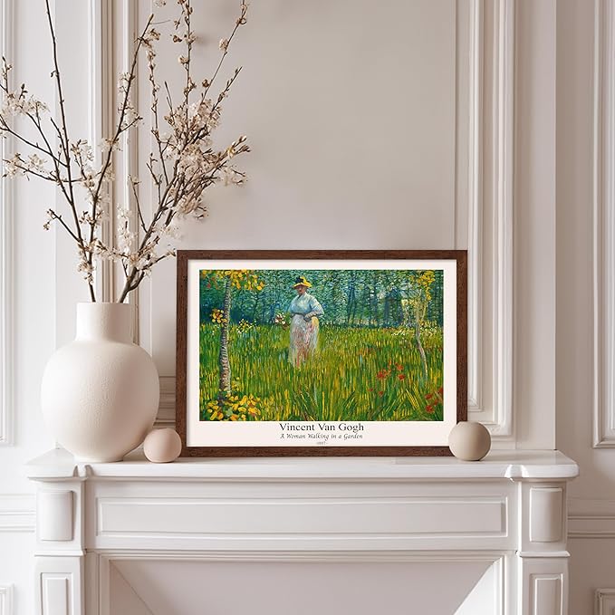 Monem Art Vintage Van Gogh Poster - Retro A Woman Walking In A Garden Print - Impressionism Art - Fine Art - Classic Painting Art - Floral Art - Bedroom or Office Decor - 8x10 Brown Framed