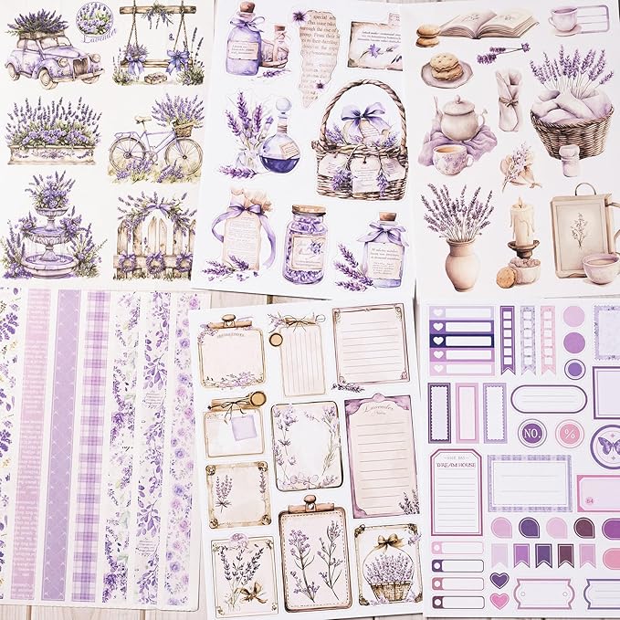 Junk Journal Sticker Book, Lavender Journaling Stickers, Purple Scrapbook Supplies, Pre-Cut Aesthetic Scrapbooking for Adults, Decorative Ephemera Bullet Planner DIY Arts Craft Collage