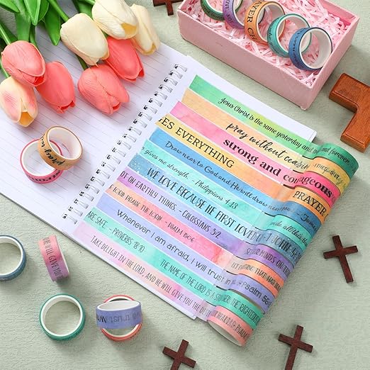 Janlaugh 24 Rolls Christian Washi Tape Gifts Bulk Religious Inspirational Scripture Supplies Bible Verse Tape for Bible Study Journaling Crafting Christmas Stocking Stuffers Gift(Rainbow)