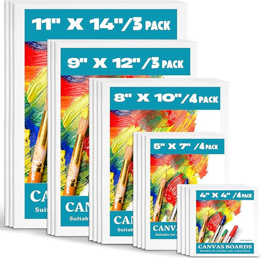 18 Pack Canvas Boards for Painting, Multi Pack 4x4, 5x7, 8x10, 9x12, 11x14 Blank Cotton Canvas Panels, Gesso Primed Acid-Free Painting Canvases for Watercolor Acrylic Oil Tempera Paints