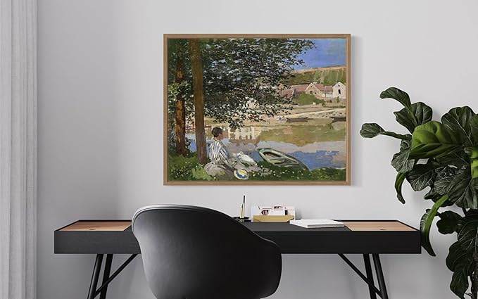 On the Bank Claude Monet Wall Art Print Poster, Impressionist Painting Wall Art Wall Decor, for Bedroom and Living room Bathroom Decor 115 (On the Bank, 16 x 20 inches, Wood Frame)