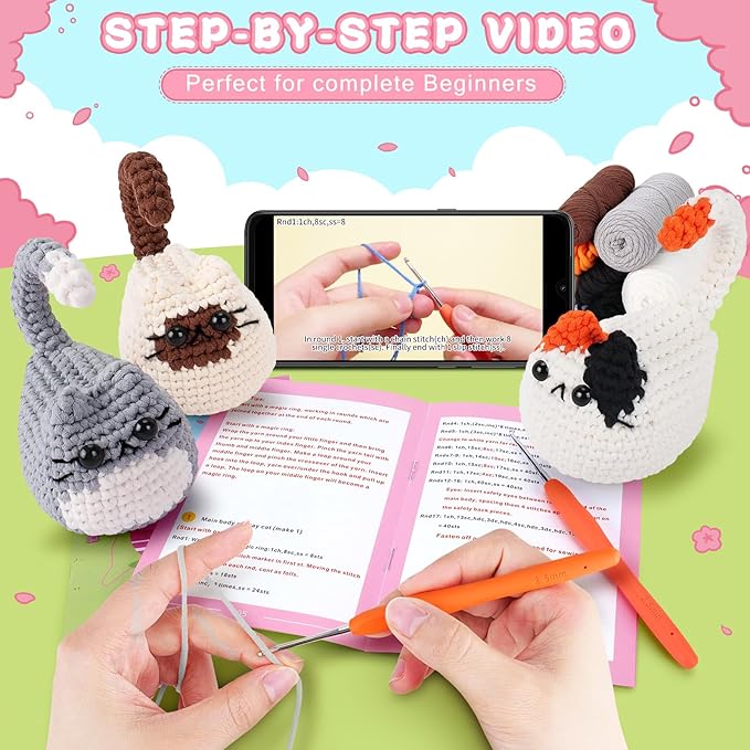 Cat Crochet Kit for Beginners-3PCS Cats Crochet Kits for Adults, Crochet Starter Kit with Step-by-Step Video Tutorials,Crochet Animal Kits Knitting Kit DIY Craft Learn to Crochet Kits for Adults