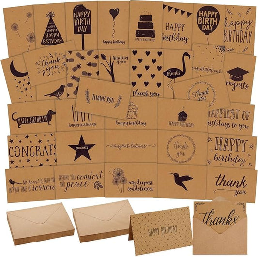Best Paper Greetings Blank Cards & Envelopes Assortment - 36-Pack, 4 x 6 In Kraft Paper - Card Assortment Pack for All Occasions & Mixed Designs