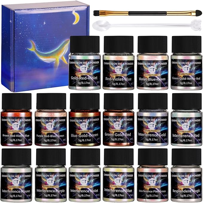 CHANGTIKEJI Chameleon Mica Powder，16 Colors*5g/Bottle，Shift Mica Powder for Epoxy Resin/Tumbler,Saturated Color Shifting Pigment Powder for Lip Gloss,Car Freshies,Eye Shadow,Nail Polish,Candle Making