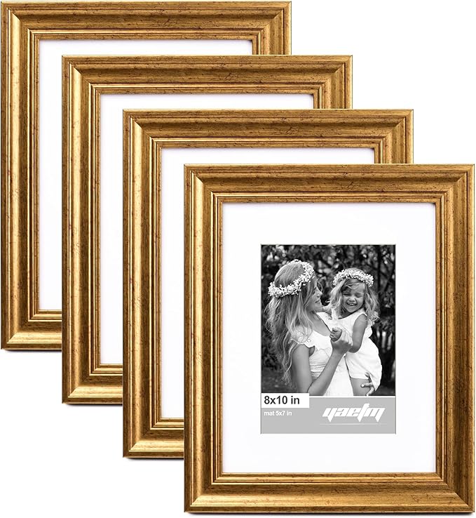 Yaetm 8x10 Picture Frame Matted to 5x7 Set of 4, 1.4” Wide Molding & Rustic Gold Photo Frames 8 x 10 with Tempered Glass, Display on Tabletop & Wall Mounting (4 pack, Gold)