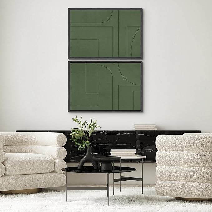 SIGNWIN Framed Canvas Print Wall Art Set Green Mid-Century Polygon Landscape Abstract Shapes Digital Art Modern Art Decorative Minimalism Vintage for Living Room, Bedroom, Office - 16"x24"x2 Black