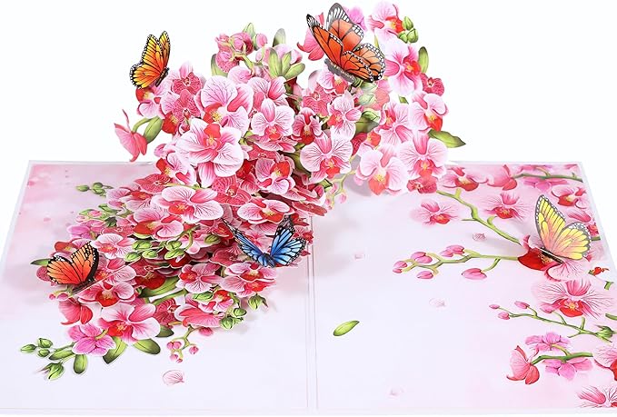 Orchids Flower Pop Up Birthday Card for Women, Wife; 3D Butterfly on Orchid Gift Card for Mother's Day, Thinking of You, Valentines, Thank You, All Occasion for Her, Mom, Sister, Grandma, Daughter