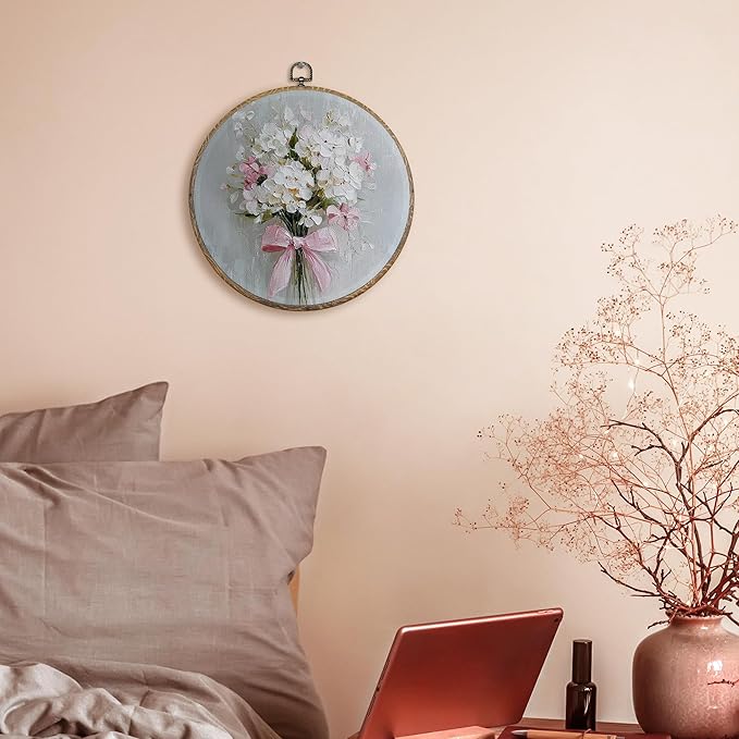 FUGWN Vintage Pink Bow Floral Round Wall Art Decor Framed, Cottagecore Floral Canvas Artwork Prints, Farmhouse Wildflowers Bouquet Wall Hanging Decorations for Home Bedroom Living Room, 10x10 Inch