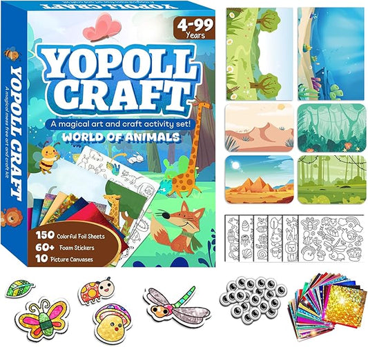 YoPoll Foil Art Craft Kits for Kids, Mess-Free DIY Creative Activity Set, Fun Arts and Crafts Toys for Boys & Girls, Peel & Press Foil Art Kit for Kids, Travel Toy and Birthday Gift (Animals)