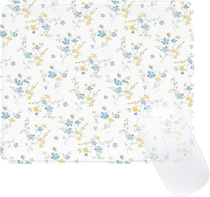 Elegant Blue Flowers Mouse Pad, Waterproof Aesthetics Yellow Floral Mouse Pads Design, Non-Slip Rubber Base Computer Simple Funny Mousepad,Small Mouse Mat Desk Accessories Office Supplies