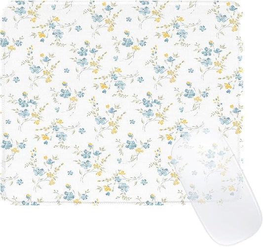 Elegant Blue Flowers Mouse Pad, Waterproof Aesthetics Yellow Floral Mouse Pads Design, Non-Slip Rubber Base Computer Simple Funny Mousepad,Small Mouse Mat Desk Accessories Office Supplies