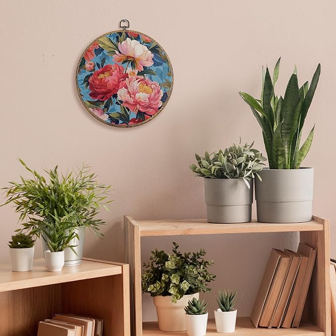 FUGWN Retro Peony Floral Round Wall Art Decor Framed, Cottagecore Floral Canvas Artwork Prints, Rustic Botanical Flower Wall Hanging Decorations for Home Bedroom Living Room, 10x10 Inch