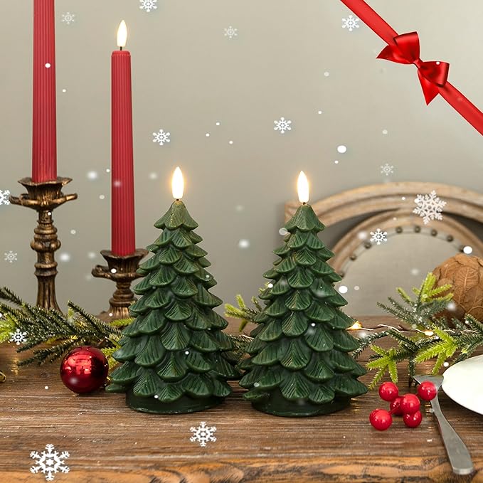 Flameless Candles with Remote Timer, 2 Pack Christmas Tree Candles Battery Operated LED Candles Real Wax Holiday Christmas Decoration for Bedroom Party Festival Gift Green
