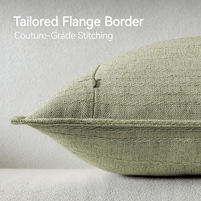 a moment Linen Pillow Covers Set of 2,Boho Farmhouse Throw Pillowcases Neutral Textured Decorative Covers for Couch Sofa,Soft Linen Blend Accent Case Cushion Home Decor 18"x18"Seeding Green