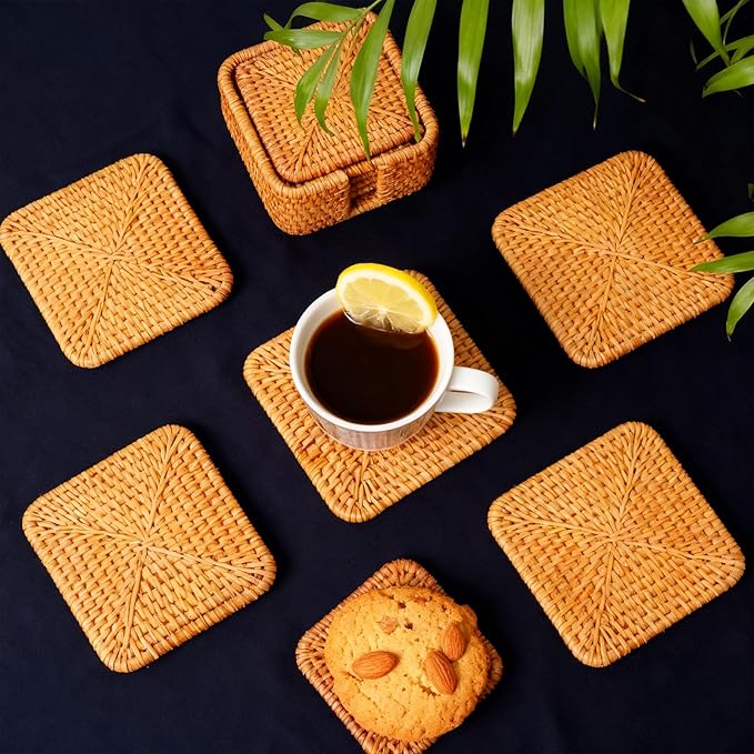 Handmade Rattan Coasters Set of 6 with Holder - Woven Aesthetic Drink Coasters for Table & Desk, Natural Boho Farmhouse Rustic Coffee Cup Pads, Home Bar Patio Table Outdoor Decor (Square)