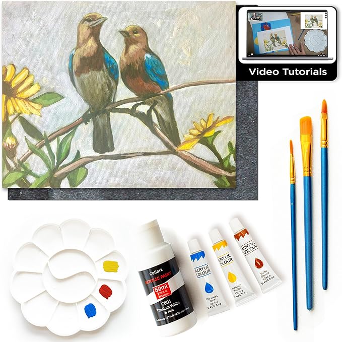Painting4Real DIY Painting Class Kit for Adults with Video Tutorials: Learn to Paint Summer Birds – How to Paint with Acrylics – Painting & Art Supplies – 9 Piece Acrylic Paint Set