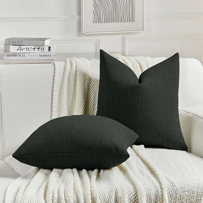 FUTEI Black Chenille Decorative Throw Pillow Covers 24x24 Inch Set of 2,Soft Cozy Faux Linen Textured European Pillow Shams,Farmhouse Home Decor for Couch Living Room
