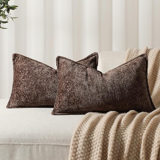 Pack of 2 Chocolate Brown Decorative Throw Pillow Covers 12x20 Cozy Soft Chenille Accent Vintage Rectangular Lumbar Couch Pillow Covers for Home Decor Bed Sofa Living Room