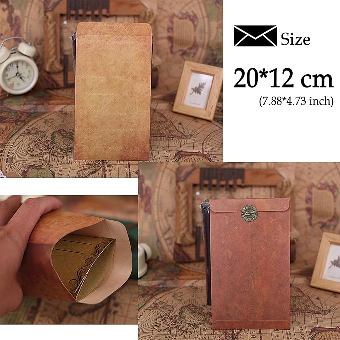 Vintage Stationary Paper + Kraft Envelopes Set with Seal Stickers, 64pcs 4 Patterns 8.3 x 5.7 Writing Stationery Papers + 20pcs 2 Colors 7.9 x 4.7 Letter Envelope + 36pcs 2 Styles Rustic Seals