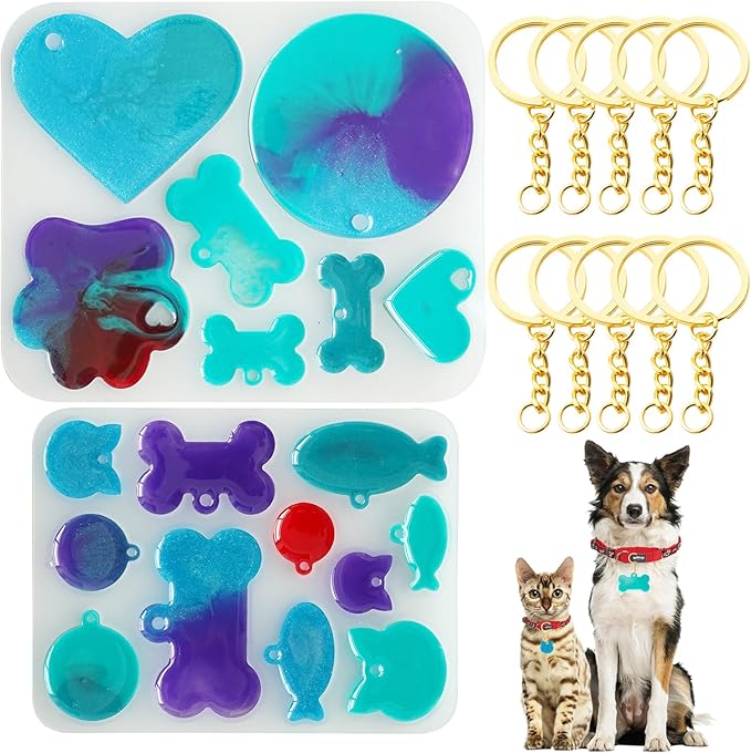 Pet Tag Resin Molds, Silicone Mold for Resin Casting Pet Collar Tags, Dog Paw/Bone/Circle/Heart Silicone Mold Set with 10 Keychains, DIY Keychain Pendant Charm Crafts-Make Dog Cat Name Tags