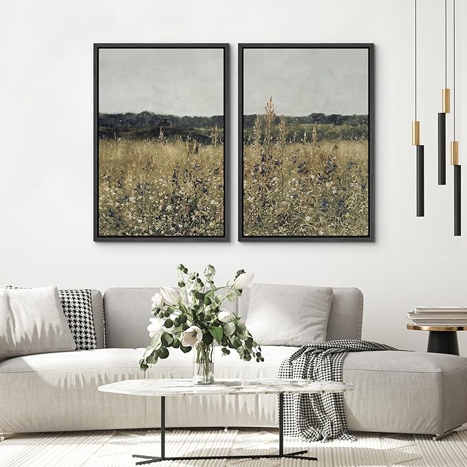 SIGNWIN Framed Canvas Print Wall Art Set Wildflower Meadow Under a Gentle Overcast Sky Illustration Modern Art Minimalism Decorative Nordic for Living Room, Bedroom, Office - 24"x36"x2 Black