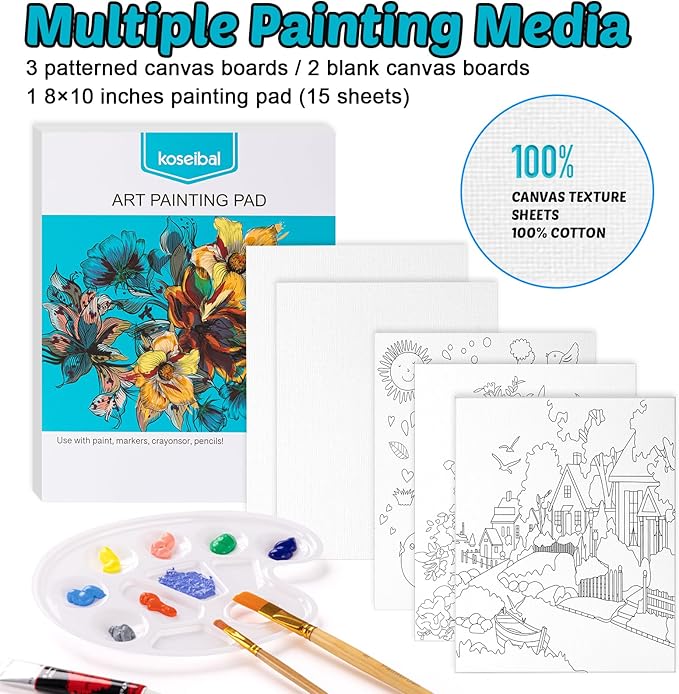 koseibal Acrylic Paint Set for Kids, Art Painting Supplies Kit with 18 Paints, 5 Canvas Panels, 8 Brushes, Table Easel, Etc, Premium Paint Set for Students, Artists and Beginner