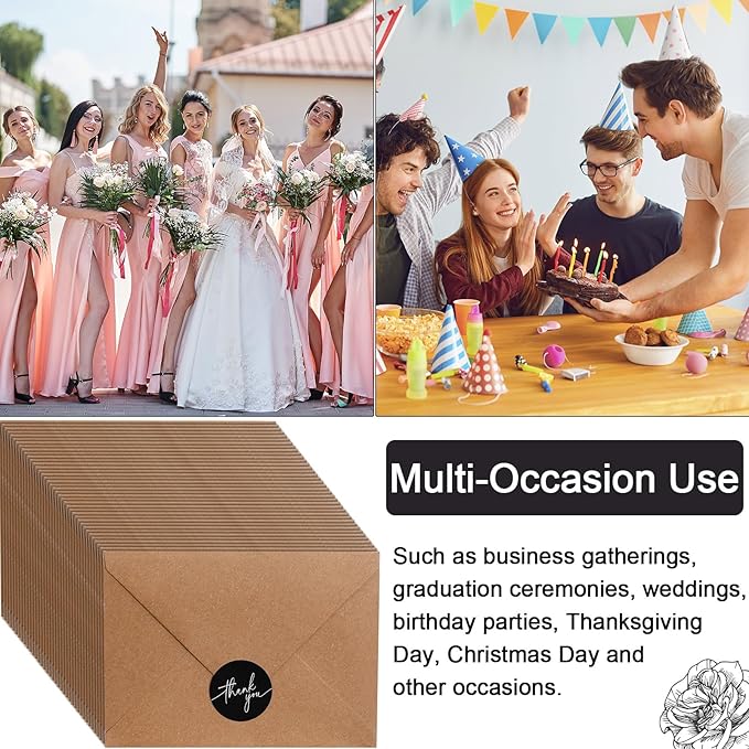 Gueevin 200 Pcs Thank You Cards with Kraft Envelopes and Stickers Bulk, 3.5 x 5 Inch Classy Blank Thank You Notes for Wedding, Business, Graduation, Baby Shower, Bridal Shower, Funeral(Black)