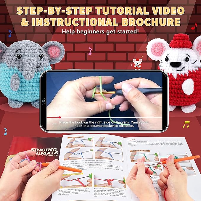Fortuning's JDS Crochet Kit for Beginners - 4 PCS Crochet Starter Kit with Step-by-Step Video Tutorials, for Adults - Elephant Mouse Pig Koala Microphone Crocheting Set