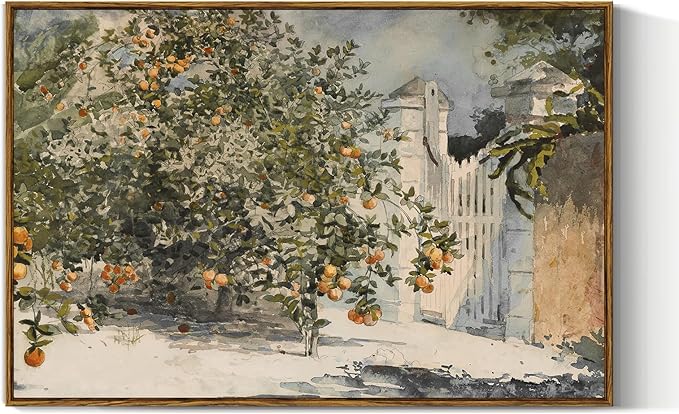 VIYYIEA Vintage Plant Large Framed Wall Art, Orange Trees and Gate Painting Decor Aesthetic, 24x36 Inch Canvas Print Artwork, Farmhouse Still Life Wall Pictures for Bedroom Living Room