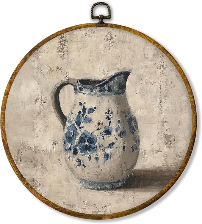 Hiuwevt Vintage Chinoiserie Round Wall Art Decor, Rustic Country Neutral Framed Canvas Prints, Classic Antique Round Wall Hanging Decor for Home Kitchen Bedroom Decorations, 10x10 Inches