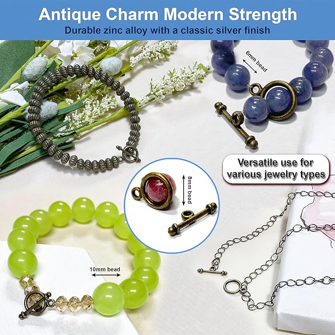 Heather's cf 130 Sets Brass Toggle Clasps for Jewelry Making – Antique Silver Finish Necklace & Bracelet Clasps and Closures
