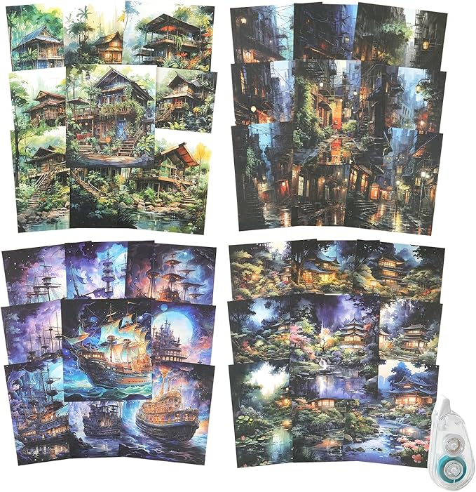 120Pcs Vintage Fantasy Scrapbook Paper, Traditional Building Ephemera Pack for Journaling and Junk Journal Supplies, Scrapbooking Kit with Glue Tape