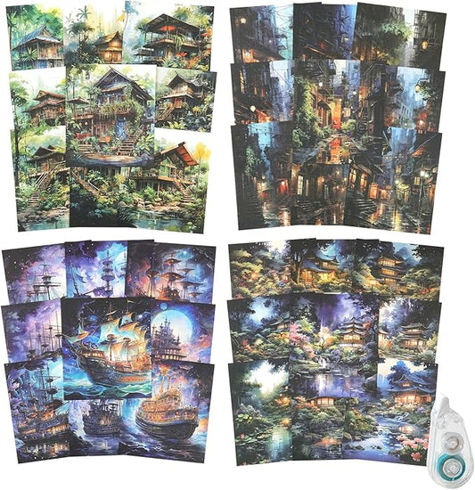 120Pcs Vintage Fantasy Scrapbook Paper, Traditional Building Ephemera Pack for Journaling and Junk Journal Supplies, Scrapbooking Kit with Glue Tape