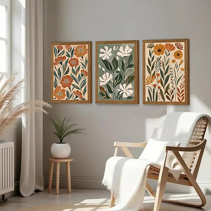InspiredHues 3 Piece Abstract Boho Floral Canvas Wall Art, Green Beige Flower Market Wall Decor, Minimalist Colorful Botanica Artwork Prints for For Living Room Bedroom Office 16x24 Inch Wood Framed