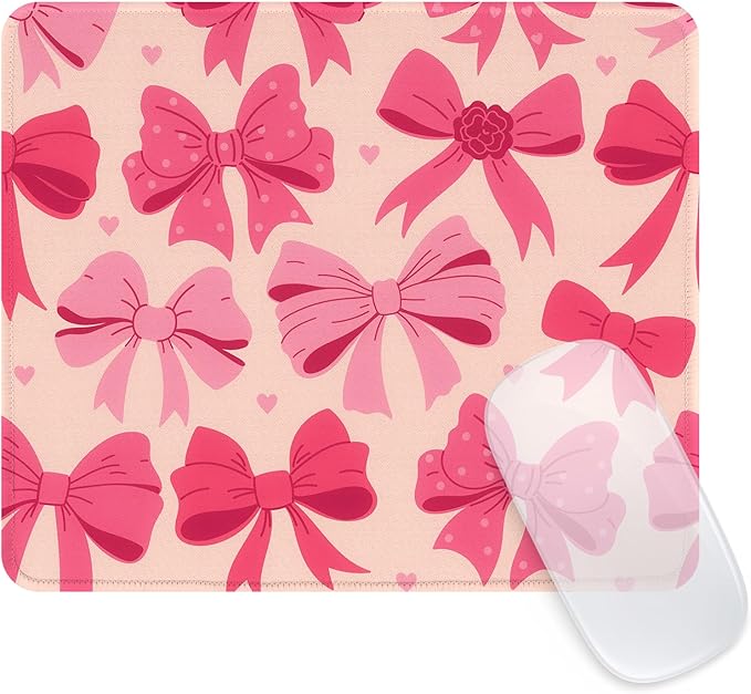 Seorsok Square Aesthetic Oversized Bows Mouse Mat, Premium Textured Mouse Pads for Office Laptop,Washable Square Mousepads with Extended Stitched Edges Non Slip Rubber Base,Rose Red Bows