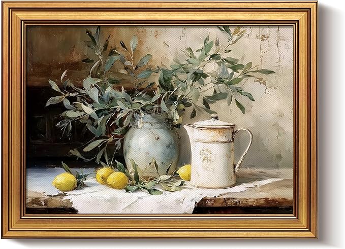 Bzstyleart Vintage Wall Art Decor for Living Room,Gold Framed Canvas Wall Art Home Decor Aesthetic,Lemon Pottery Jar Artwork Prints,Canvas Picture Print Artwork,12 x 16 Inch