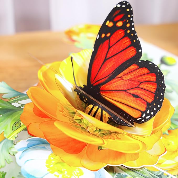 Butterfly on Flower Pop-Up Birthday Card – Handmade 3D Monarch Butterfly Floral Card for Wife, Mom, Her, Sister, Daughter, Ideal Gift for Birthday, Get Well, Thank You, Mothers Day, 6x8 inch