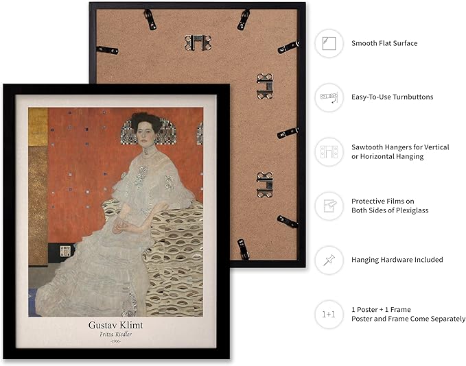 Poster Master Vintage Gustav Klimt Poster - Retro Fritza Riedler Print - Art Nouveau - Portrait Art - Symbolism Art - Aesthetic Art - Classic Painting - Living Room Decor - 16x20 Black Framed