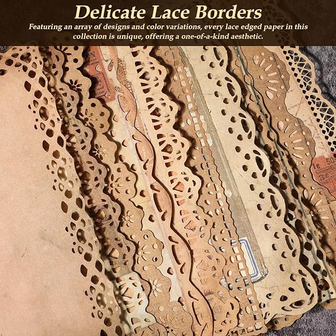 Vintage Scrapbook Supplies, 80 Sheets Lace Edged Scrapbook Stationery Paper with Double Sided Tape Roller for Junk Journal Making, Decoupage and Card Crafts, 4.9x6.9 Inches