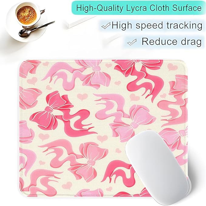 Seorsok Square Abstract Art Pink Bows and Little Love Heart Mouse Mat,Premium Textured Mouse Pads for Office Laptop,Washable Square Mousepads with Extended Stitched Edges Non Slip Rubber Base